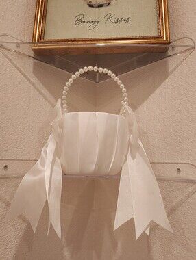 White/Ivory Satin Flower Girl Basket With Pearl Handle